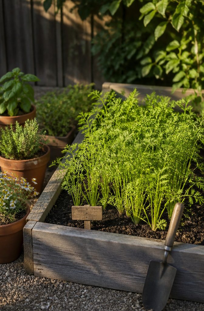 A raised garden bed filled with carrot plants.