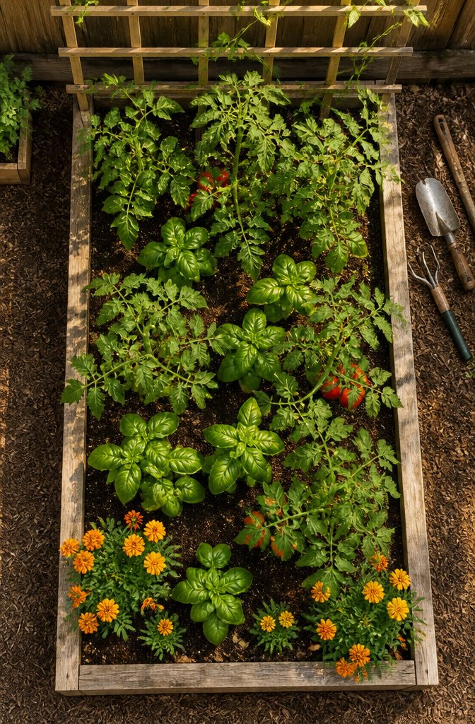 An arrangement of companion plants in a raised garden bed.