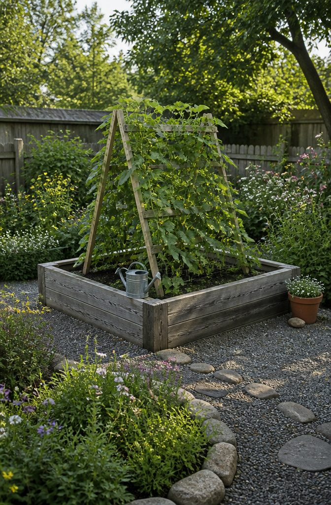 Cucumber plants growing on a trellis in a raised garden bed.
