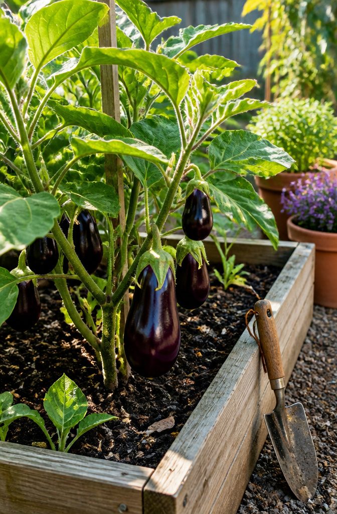 A raised garden bed with healthy eggplant plants.