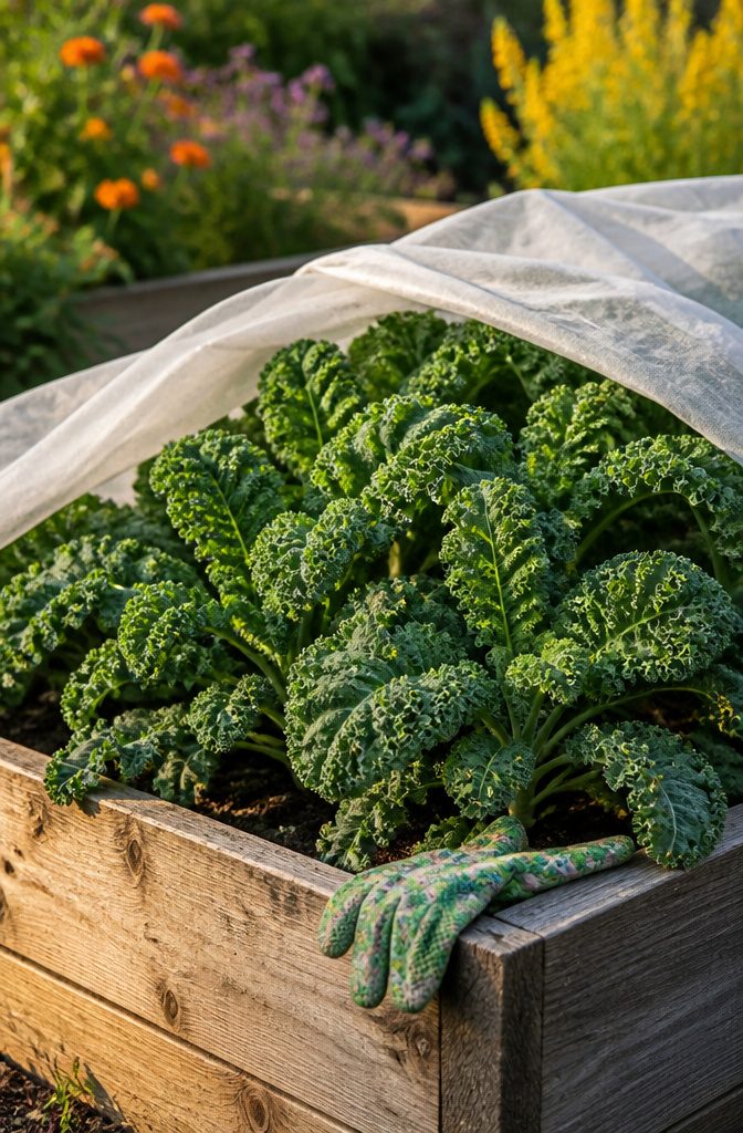 A raised garden bed with thriving kale plants.