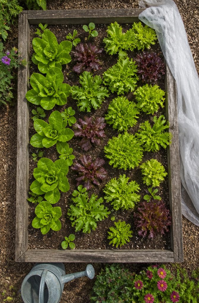 A raised garden bed filled with leafy lettuce.
