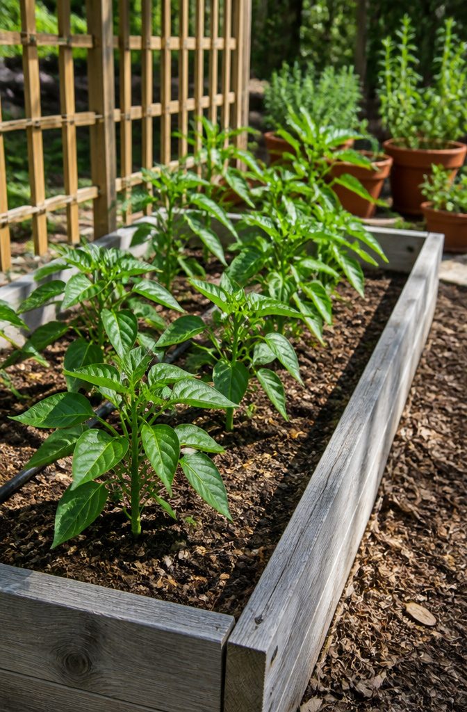 A raised garden bed filled with pepper seedlings.