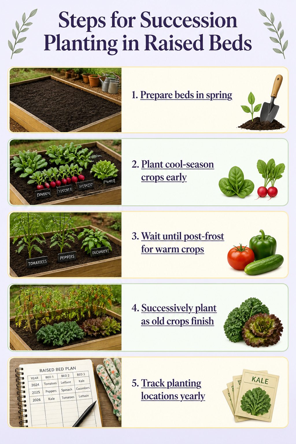 An infographic illustrating succession planting in raised garden beds.