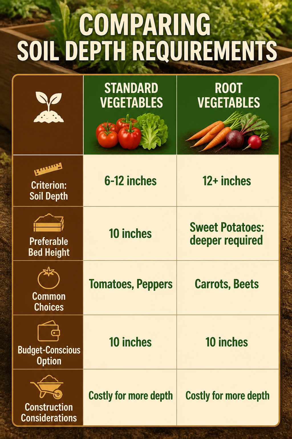 An informational graphic on soil depth requirements for vegetables.