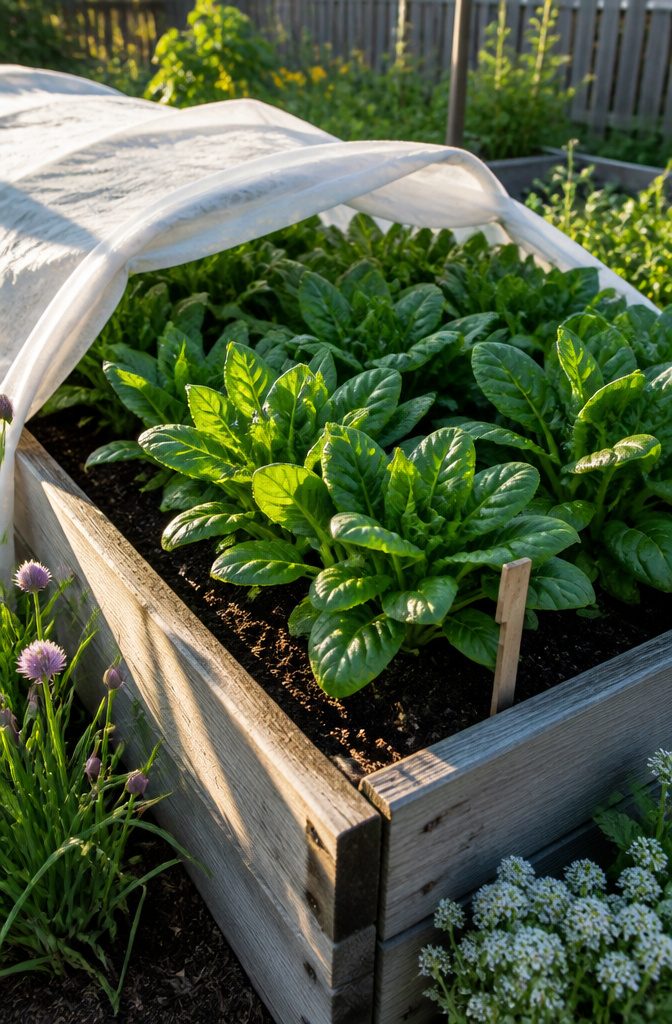 A raised garden bed filled with vibrant spinach plants.