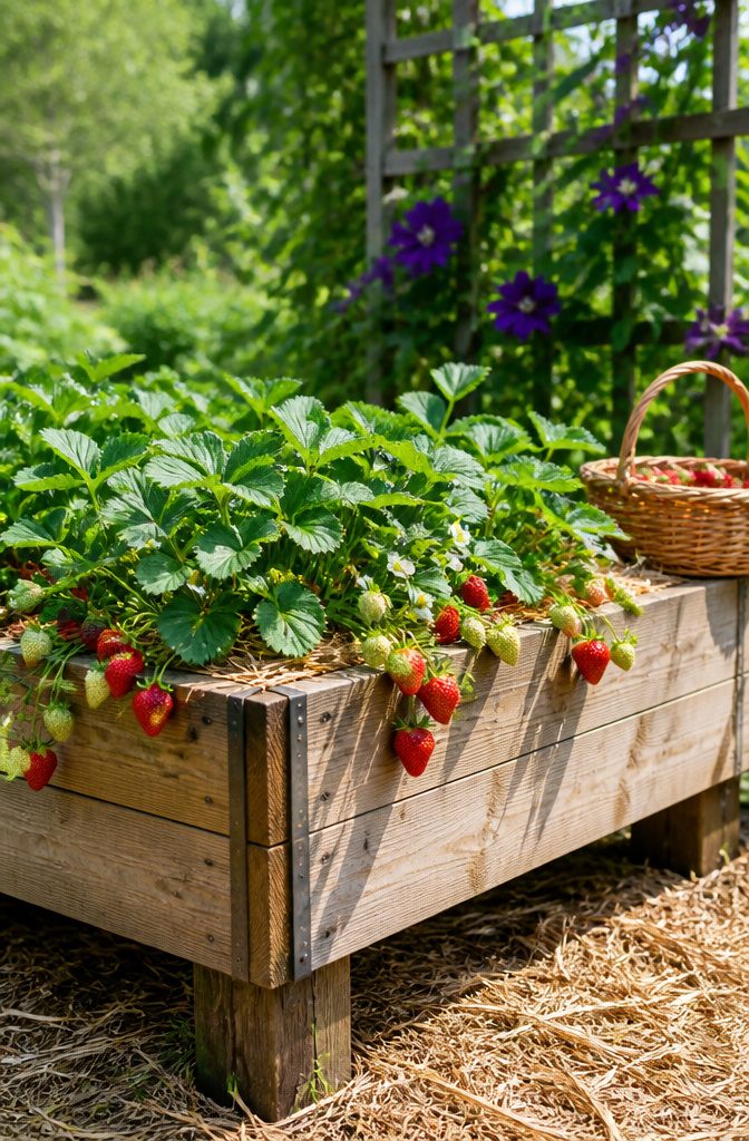 A raised garden bed with strawberry plants and ripe berries.