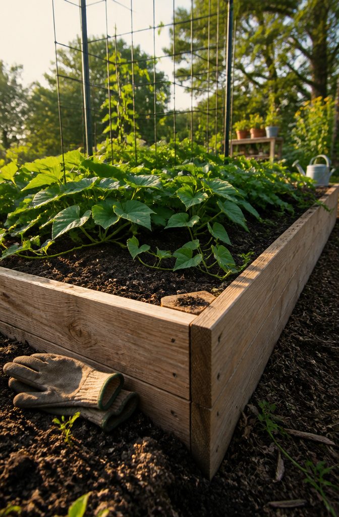 A raised garden bed with sweet potato plants.