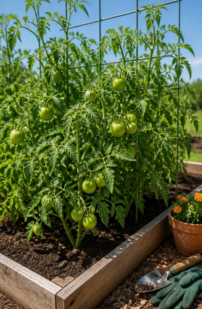 A raised garden bed with healthy tomato seedlings.
