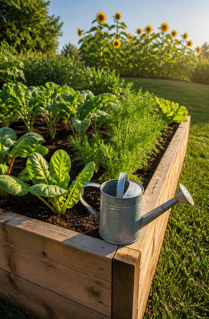 A raised garden bed with healthy plants and a watering can.
