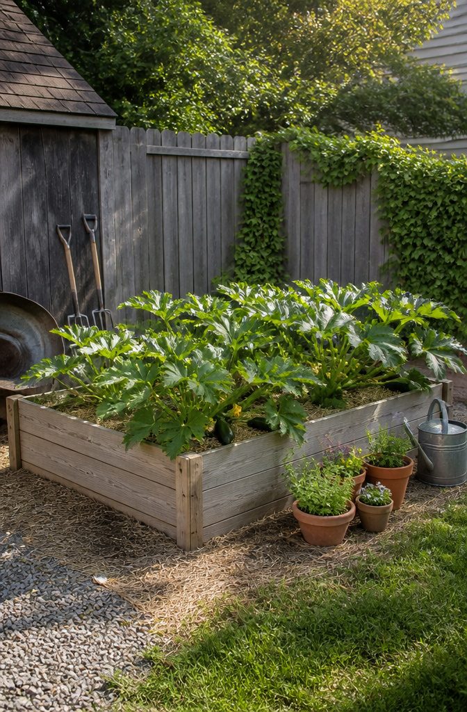A raised garden bed with zucchini plants and large leaves.