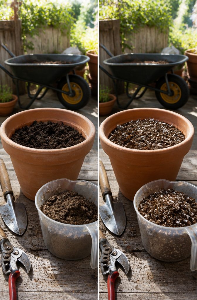 Dense garden soil in a pot highlighting its compacted nature.