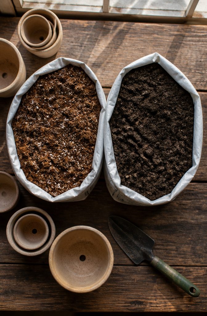 A close-up of potting mix ingredients like peat moss and perlite.