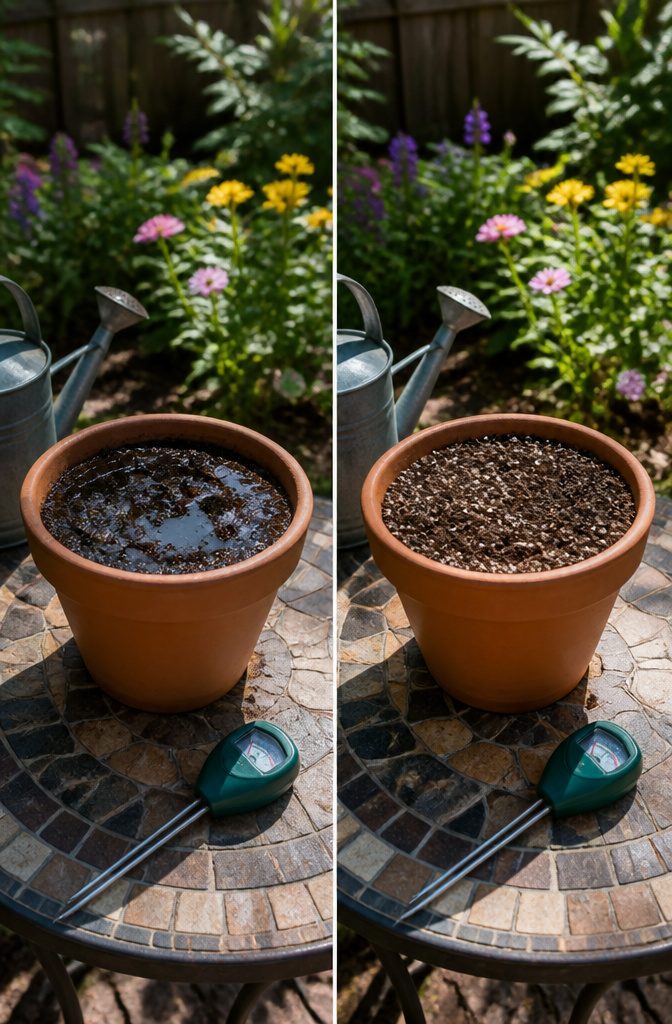 Garden soil compacts in a pot, illustrating poor drainage.