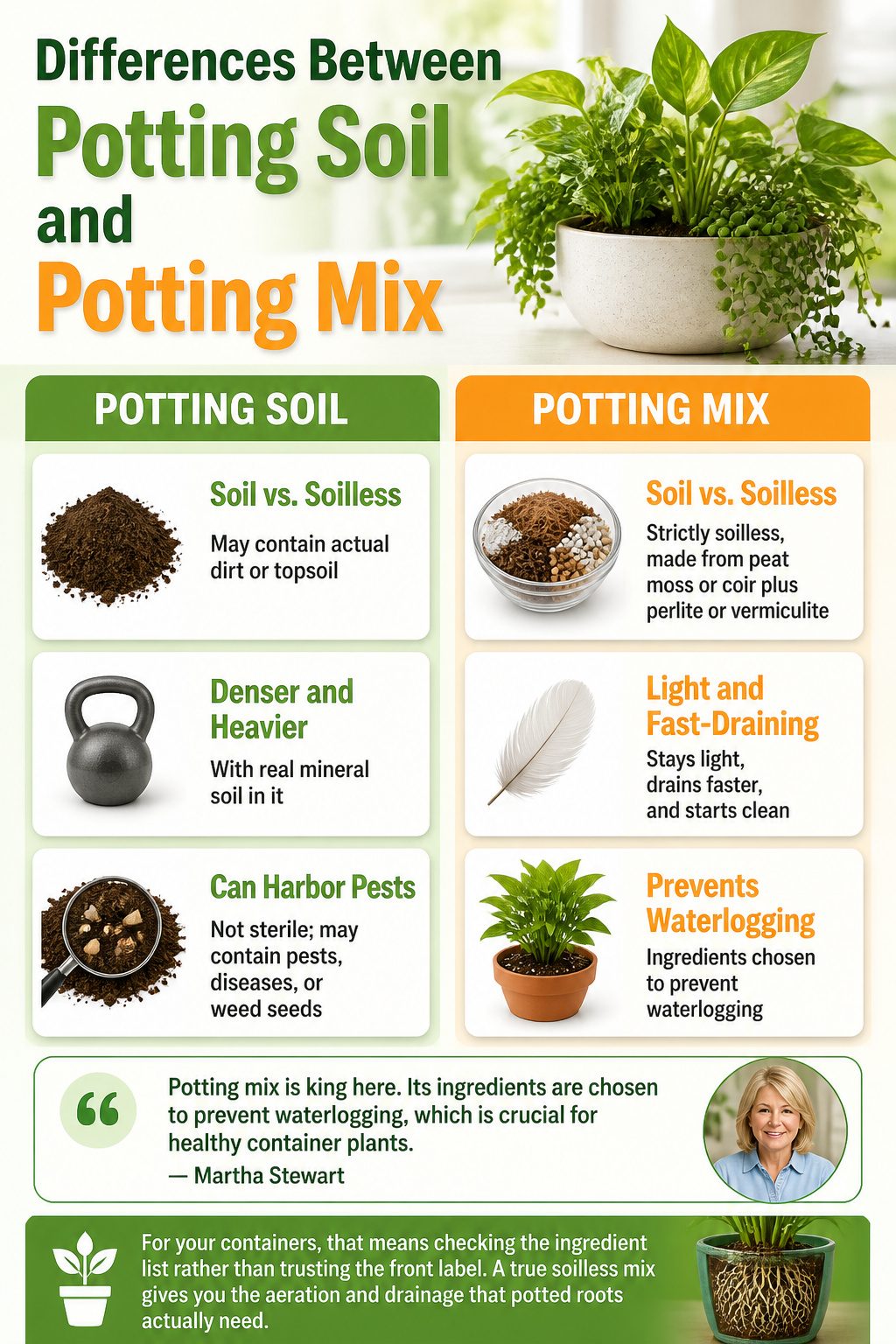 An information graphic explaining potting soil versus potting mix.