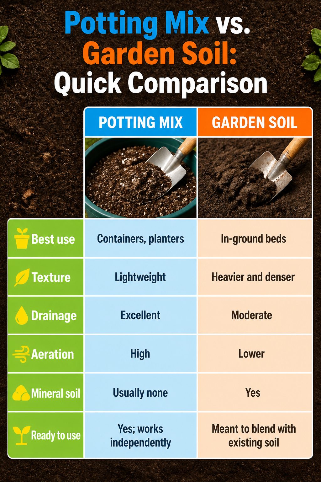 Comparison chart outlining differences between potting mix and garden soil.