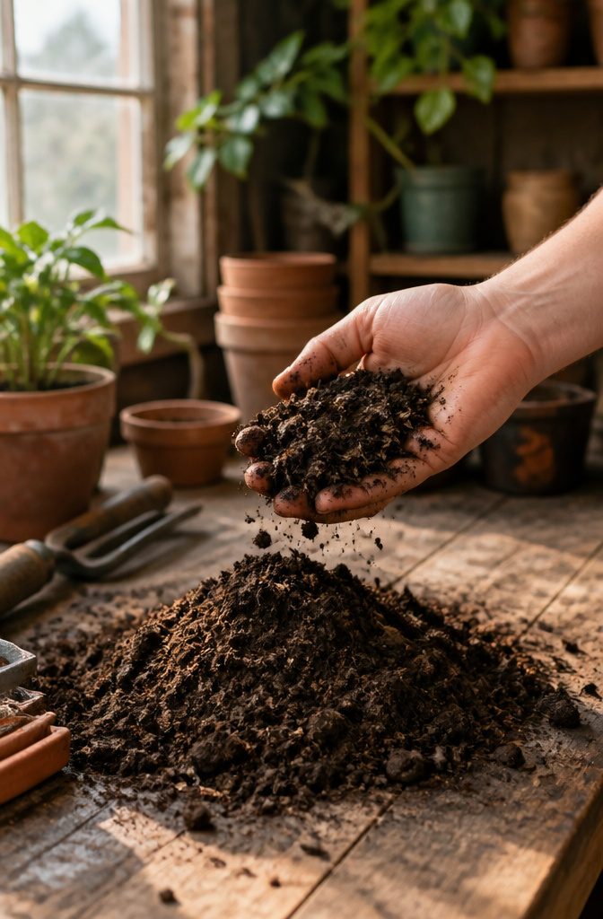 Dark brown garden soil held in a hand above a wooden bench.