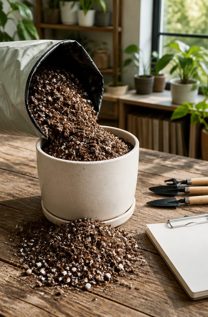 Light, fluffy potting mix pouring from a bag onto a ceramic pot.