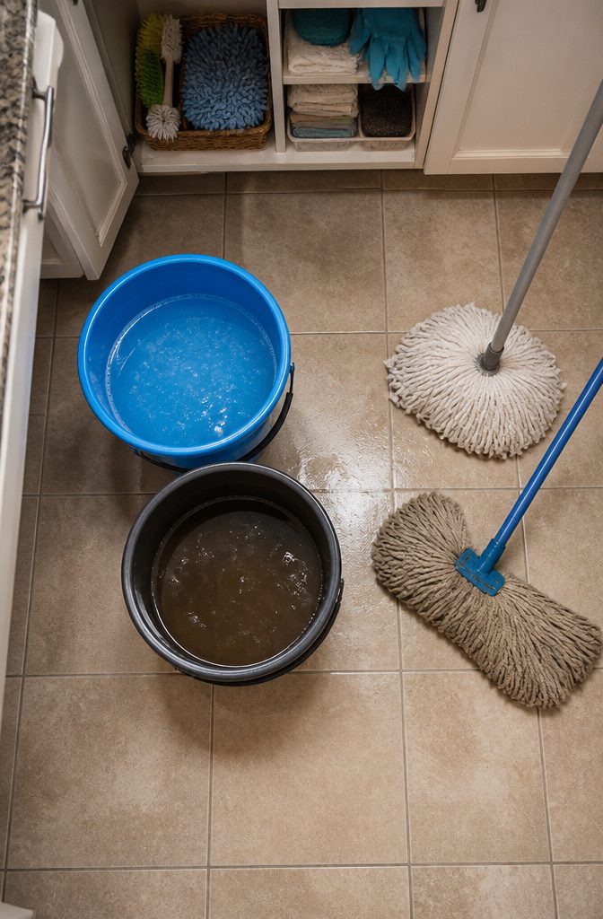 Two buckets, one with cleaning solution and one with dirty mop water.
