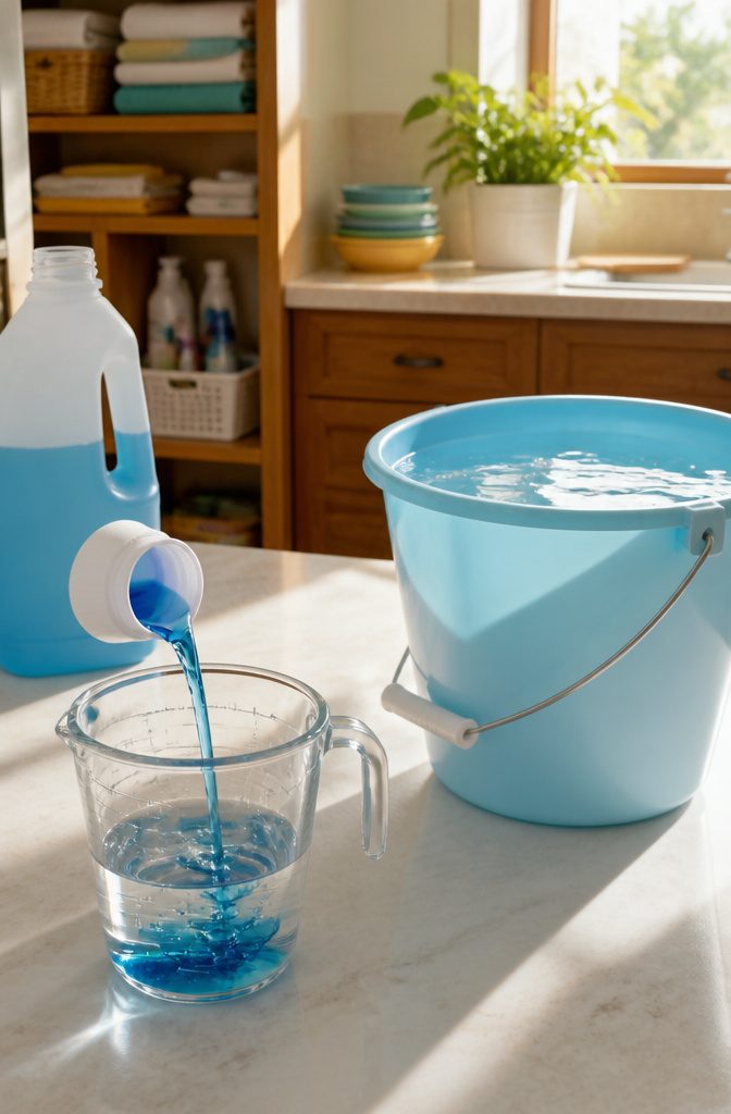 A capful of blue floor cleaner being measured into a clear cup.