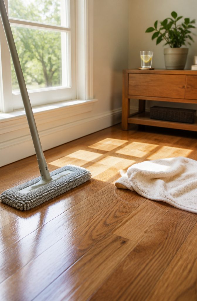 A microfiber mop and towel positioned to dry a clean floor.
