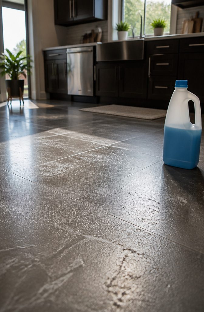 A close-up of a floor showing chalky residue from hard water.