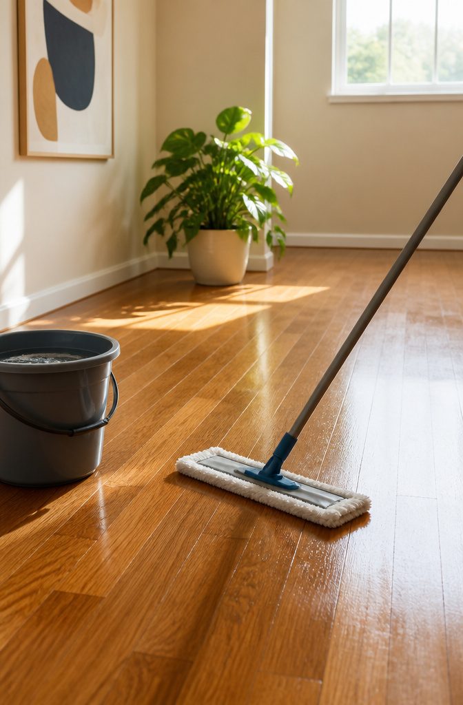 A mop gliding over a wooden floor with a bucket of water nearby.