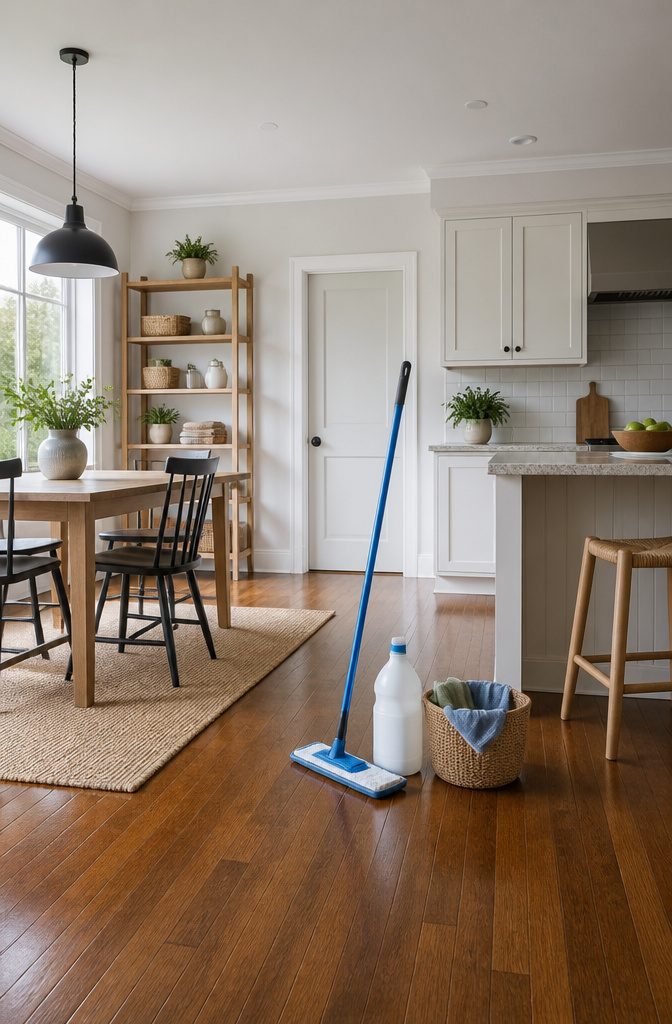 A clean kitchen with a mop and towel ready for quick cleanups.