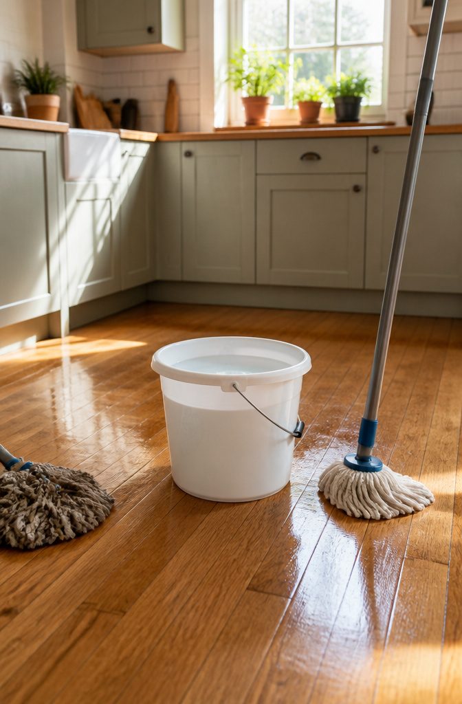 A bucket of clean water beside a mop, ready for rinsing.