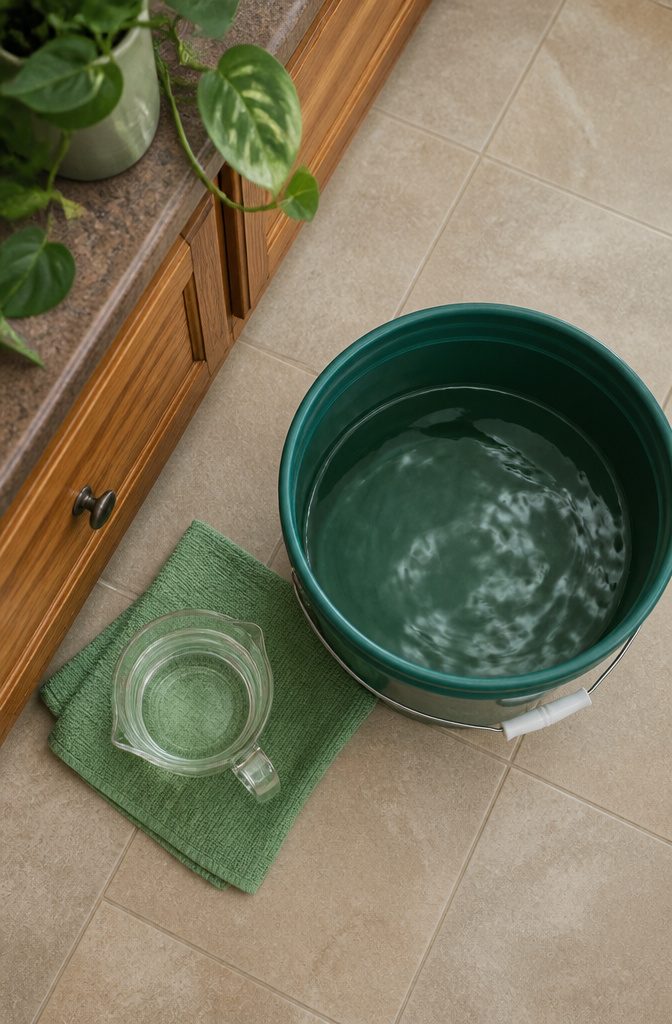 A cup of vinegar mixed with warm water, ready for cleaning.
