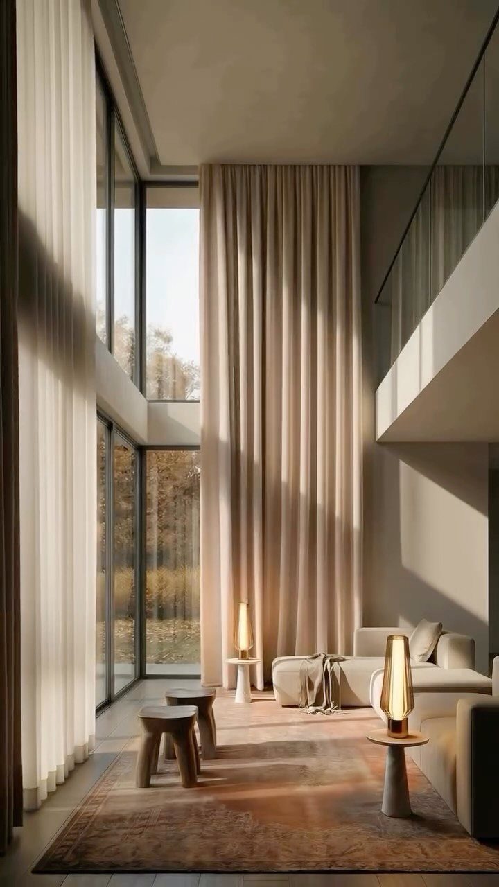 Beige floor-to-ceiling curtains in a modern living room with minimalist furniture and lighting.
