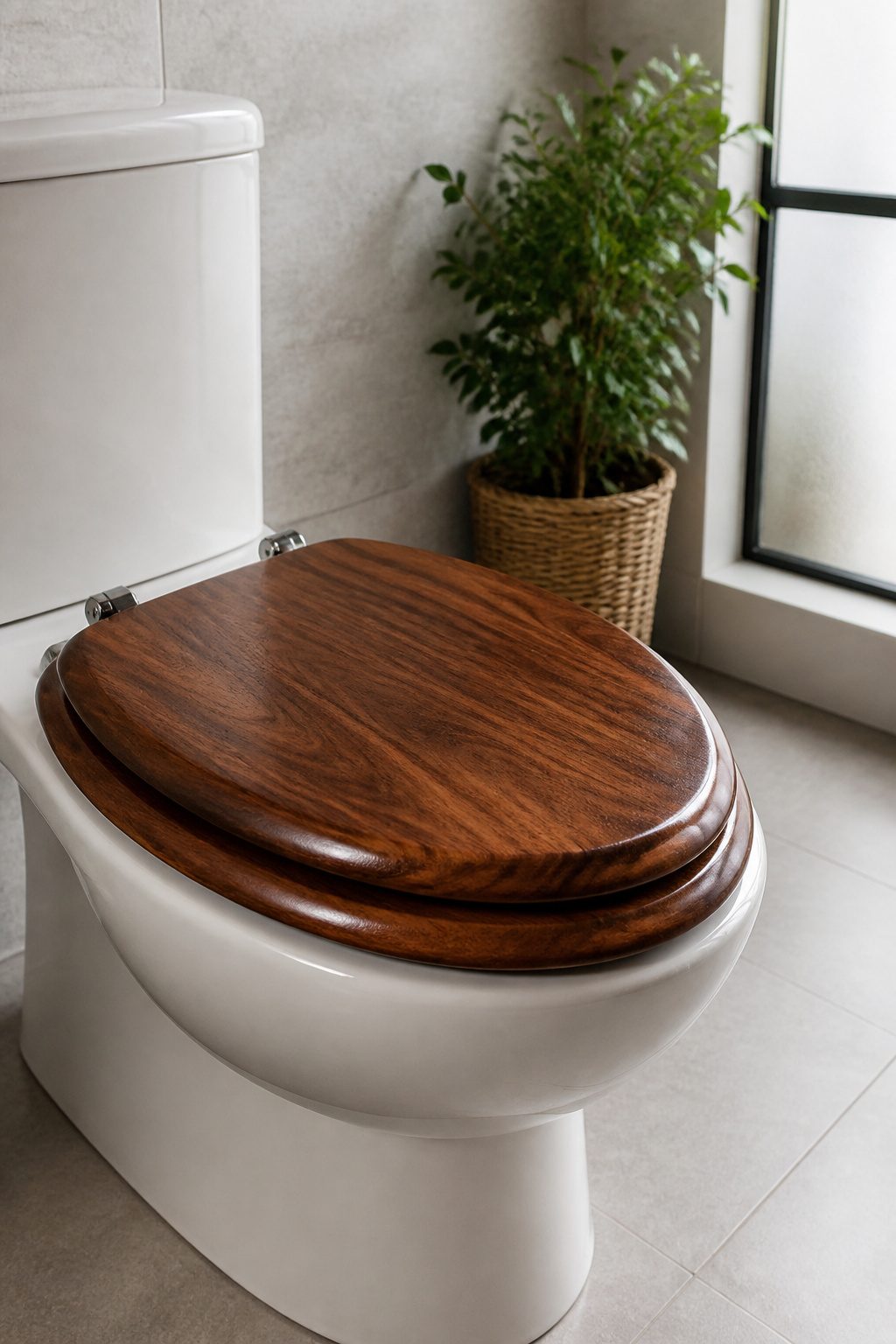 A close-up of an elongated wooden toilet seat.
