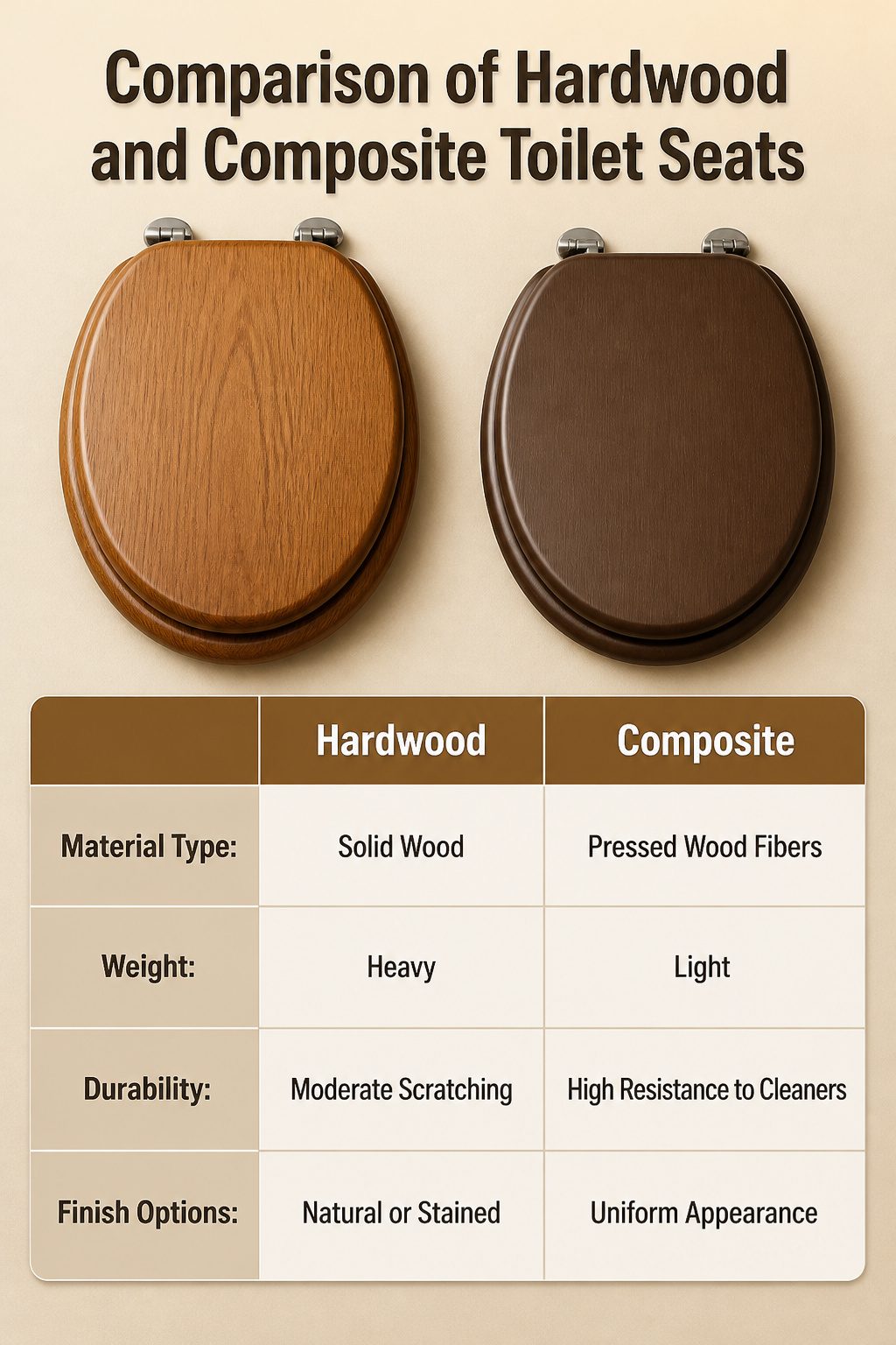 An informational image comparing hardwood and composite toilet seats.