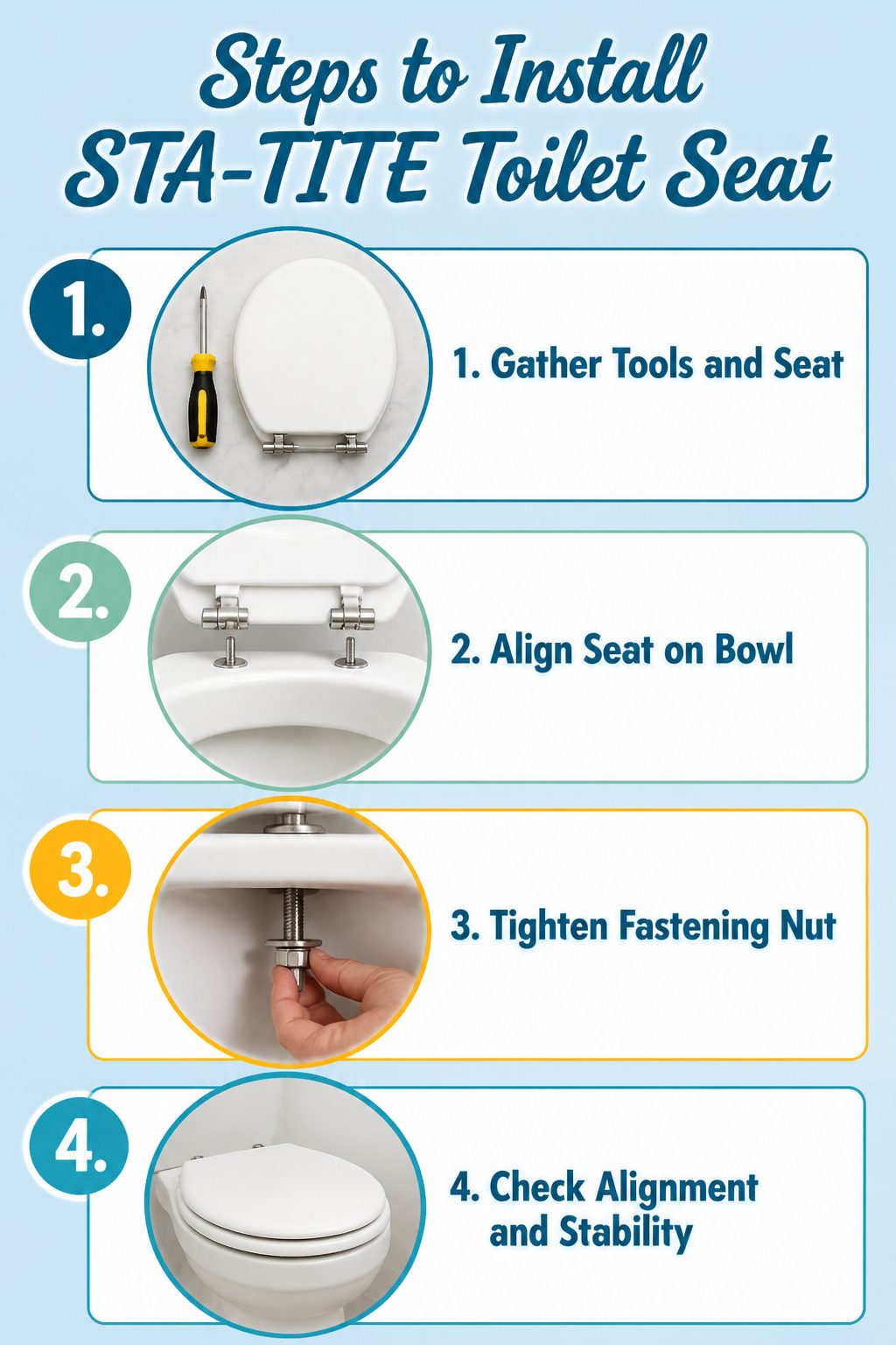 An instructional image showing steps to install a STA-TITE toilet seat.