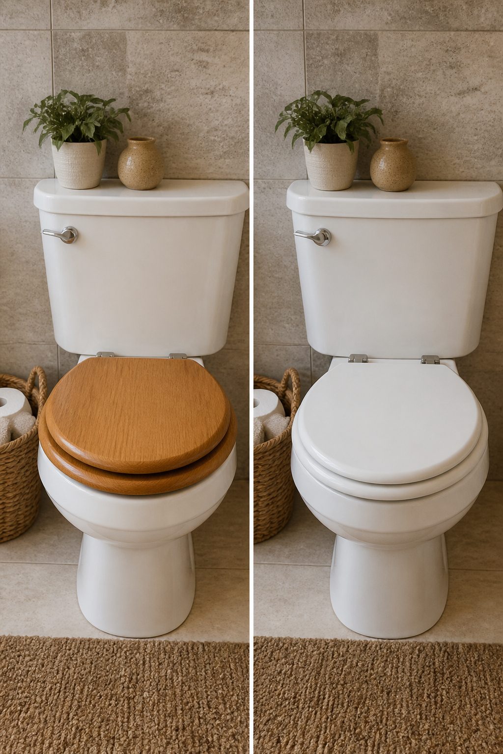 A round wooden toilet seat displayed in a bathroom.