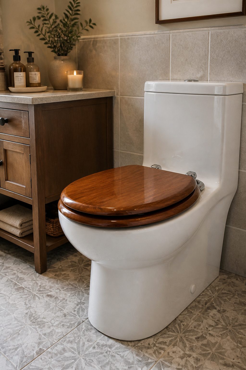 A wooden toilet seat highlighting its slow-close hinge feature.